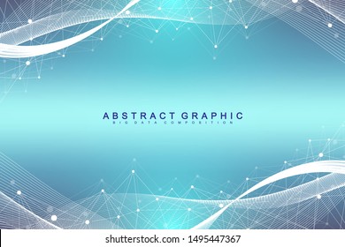 Geometric abstract background with connected line and dots. Network and connection background for your presentation. Graphic polygonal background. Wave flow. Scientific vector illustration