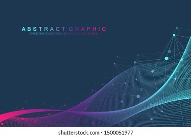 Geometric abstract background with connected line and dots. Network and connection background for your presentation. Graphic polygonal background. Wave flow. Scientific vector illustration