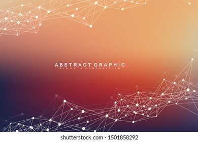 Geometric abstract background with connected line and dots. Network and connection background for your presentation. Graphic polygonal background. Wave flow. Scientific vector illustration