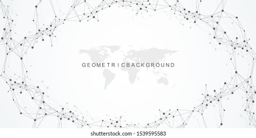 Geometric abstract background with connected line and dots. Network and connection background for your presentation. Graphic polygonal background. Wave flow. Scientific vector illustration