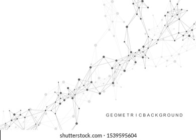 Geometric Abstract Background With Connected Line And Dots. Network And Connection Background For Your Presentation. Graphic Polygonal Background. Wave Flow. Scientific Vector Illustration