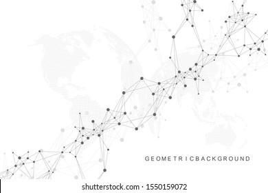 Geometric abstract background with connected line and dots. Network and connection background for your presentation. Graphic polygonal background. Scientific vector illustration