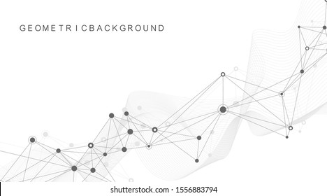 Geometrischer abstrakter Hintergrund mit verbundener Linie und Punkten. Netzwerk- und Verbindungshintergrund für Ihre Präsentation. Grafischer, mehrfarbiger Hintergrund. Wellenfluss. Illustration zur wissenschaftlichen Vektorillustration