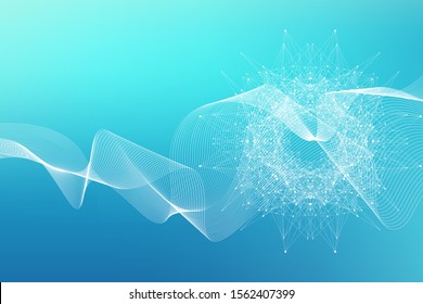 Geometric abstract background with connected line and dots. Neural network. Network and connection background for your presentation. Graphic polygonal background. Wave flow. Vector illustration