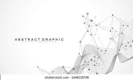 Geometric abstract background with connected line and dots. Network and connection background for your presentation. Graphic polygonal background. Wave flow. Scientific vector illustration