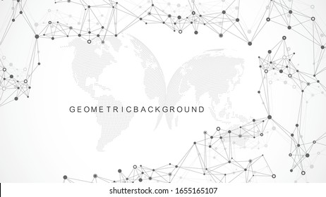 Geometric abstract background with connected line and dots. Network and connection background for your presentation. Graphic polygonal background. Wave flow. Scientific vector illustration
