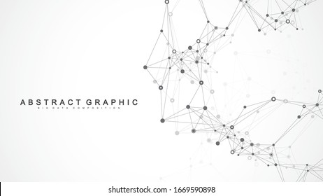 Geometric abstract background with connected line and dots. Network and connection background for your presentation. Graphic polygonal background. Wave flow. Scientific vector illustration