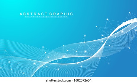 Geometric abstract background with connected line and dots. Network and connection background for your presentation. Graphic polygonal background. Wave flow. Scientific vector illustration