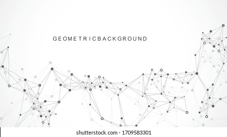 Geometrischer abstrakter Hintergrund mit verbundener Linie und Punkten. Netzwerk- und Verbindungshintergrund für Ihre Präsentation. Grafischer, mehrfarbiger Hintergrund. Wellenfluss. Wissenschaftliche Vektorgrafik