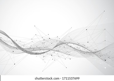 Geometric abstract background with connected line and dots. Network and connection background for your presentation. Graphic polygonal background. Wave flow. Scientific vector illustration