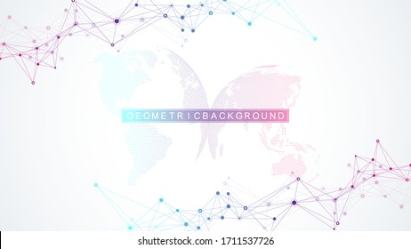 Geometric abstract background with connected line and dots. Network and connection background for your presentation. Graphic polygonal background. Wave flow. Scientific vector illustration