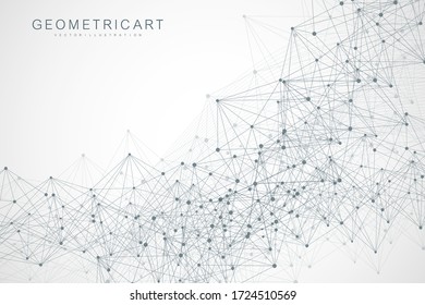 Geometrischer abstrakter Hintergrund mit angeschlossener Linie und Punkten. Strukturmolekül und Kommunikation. Big Data Visualisierung. Medizin, Technologie, wissenschaftlicher Hintergrund. Vector-Abbildung.