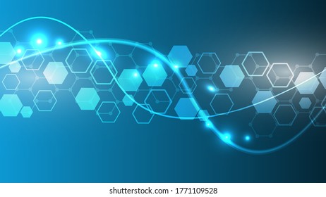 Geometric abstract background with connected line and dots. Structure molecule and communication. Big Data Visualization. Medical, technology, science background. Vector illustration.