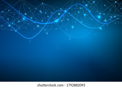 Fondo geométrico abstracto con línea y puntos conectados. Molécula de estructura y comunicación. Visualización de Big Data. Medicina, tecnología, formación científica. Ilustración vectorial.