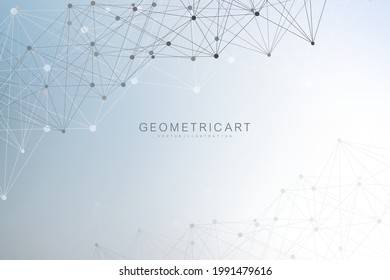 Fondo geométrico abstracto con línea y puntos conectados. Molécula de estructura y comunicación. Visualización de Big Data. Medicina, tecnología, formación científica. Ilustración vectorial.