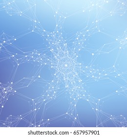 Geometric abstract background with connected line and dots. Network and connection background for your presentation. Graphic polygonal background. Scientific vector illustration