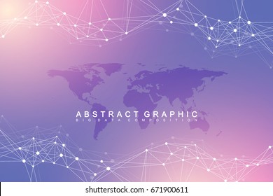 Geometric abstract background with connected line and dots. Network and connection background for your presentation. Graphic polygonal background with World Map. Scientific vector illustration