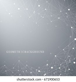 Geometric abstract background with connected line and dots. Network and connection background for your presentation. Graphic polygonal background. Scientific vector illustration
