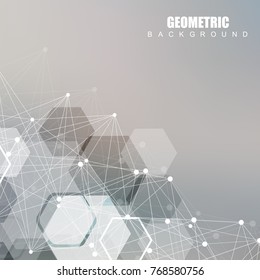 Geometric abstract background with connected line and dots. Structure molecule and communication. Scientific concept for your design. Medical, technology, science background. Vector illustration