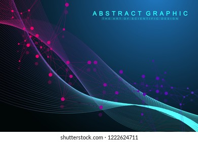 Geometric abstract background with connected lines and dots. Wave flow. Molecule and communication background. Graphic background for your design. Vector illustration.