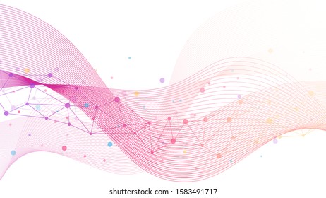 Geometric abstract background with connected lines and dots , wave flow background .vector image .