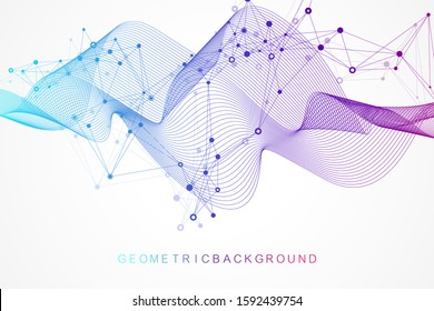 Geometric abstract background with connected lines and dots. Wave flow. Molecule and communication background. Graphic background for your design. Vector illustration.