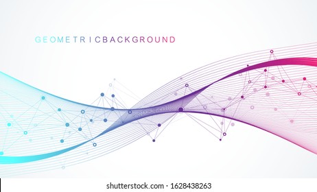 Geometric abstract background with connected lines and dots. Wave flow. Molecule and communication background. Graphic background for your design. Vector illustration.