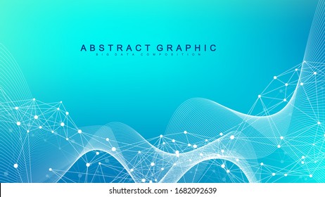 Geometric abstract background with connected lines and dots. Wave flow. Molecule and communication background. Graphic background for your design. Vector illustration.