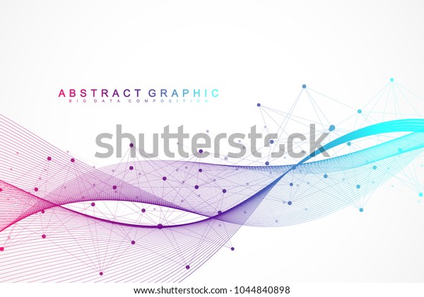 Geometric abstract background\
with connected lines and dots. Wave flow. Molecule and\
communication background. Graphic background for your design.\
Vector illustration