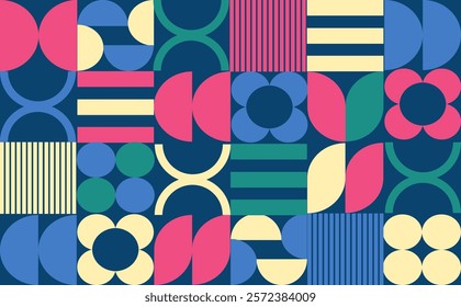 Geometric abstract background design of vector prints with rectangles, squares and circles. Bauhaus style.
