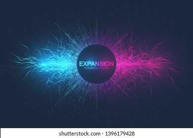 Geometric abstract background expansion of life. Colorful explosion background with connected line and dots, wave flow. Graphic background explosion, motion burst. Scientific vector illustration