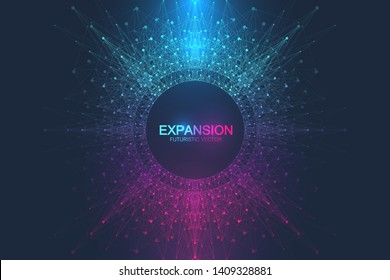 Geometric abstract background expansion of life. Colorful explosion background with connected line and dots, wave flow. Graphic background explosion, motion burst. Scientific vector illustration