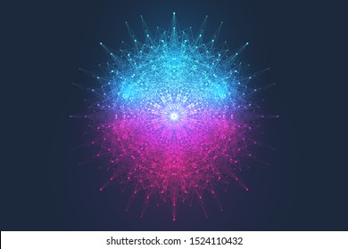 Geometric abstract background expansion of life. Colorful explosion background with connected line and dots, wave flow. Graphic background explosion, motion burst. Scientific vector illustration.