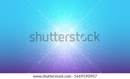 Geometric abstract background expansion of life. Colorful explosion background with connected line and dots, wave flow. Graphic background explosion, motion burst. Scientific vector illustration
