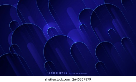 Geometric abstract background features modern design of overlapping rounded shapes and curved lines in gradient of deep blue and purple. Vector illustration