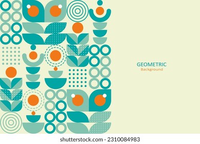 Geometric abstract background, flat design of mosaic with the simple shape of circles, semi-circle, and dot pattern. Neo geometric. Copy space for text. Vector Illustration.