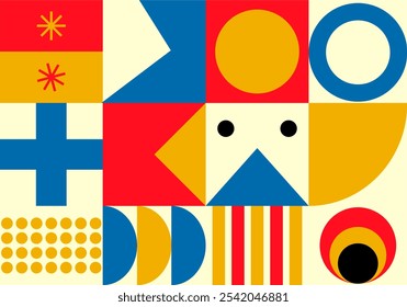 Fondo abstracto geométrico, diseño de mosaico plano con Formas circulares simples, semicírculos y patrones de puntos.