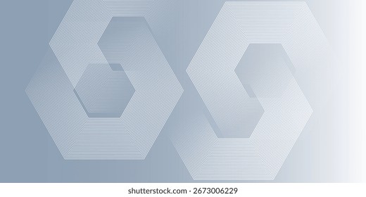 Fundo geométrico abstrato com padrões de linha hexágono em camadas em tons de gradiente de cinza e azul, criando um efeito 3D futurista moderno.

