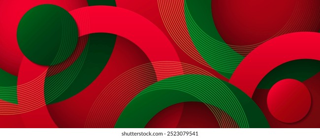 Geometric abstract background. Modern red and green circles design with lines and shadow. Vibrant geometric shapes. Christmas theme. Suit for cover, banner, poster, card, party, backdrop