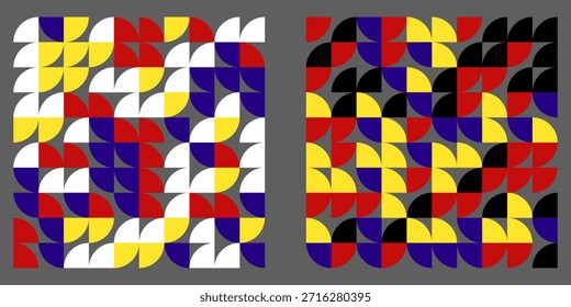 Patrón de fondo abstracto geométrico. Arte estilo Bauhaus. Círculo, semicírculo, cuadrado. Diseñado utilizando tonos de color primarios. Ilustración vectorial.
