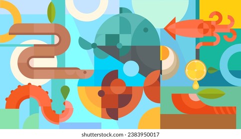 Fondo geométrico abstracto con alimento marino en color plano de estilo mínimo. Pescado, ostra, pulpo. Banner de diseño de composición creativa. Diseño gráfico brillante en baudihaus. Ilustración vectorial.