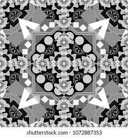 Geometric abstract background, geometric seamless pattern, shapes, tiles, stylized art. Vector geometric background, mosaic pattern in black, white and gray colors, graphic design.