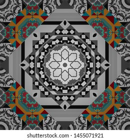 Geometric abstract background, geometric seamless pattern, shapes, tiles, stylized art. Vector geometric background, mosaic pattern in blue, gray and yellow colors, graphic design.
