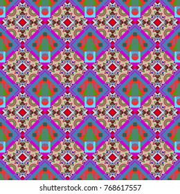 Geometric abstract background, geometric seamless pattern, shapes, tiles, stylized art. Vector geometric background, mosaic pattern in pink, blue and green colors, graphic design.