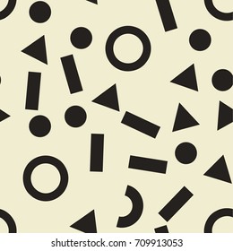 Geometric abstract background. Seamless primitive jumble minimalism pattern. Retro, vintage backdrop. Randomly scattered geometric shapes. Vector illustration.