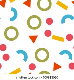 Geometric abstract background. Seamless primitive jumble minimalism pattern. Retro, vintage backdrop. Randomly scattered geometric shapes. Vector illustration.