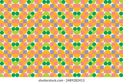 The geometric abstract background is in the shape of a half circle, a combination of green and orange