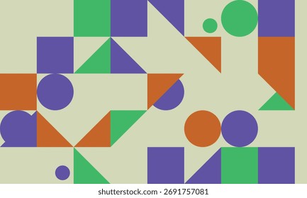 Geometric Abstract Background with Squares Circles and Triangles in Green Purple and Orange for Modern Design
