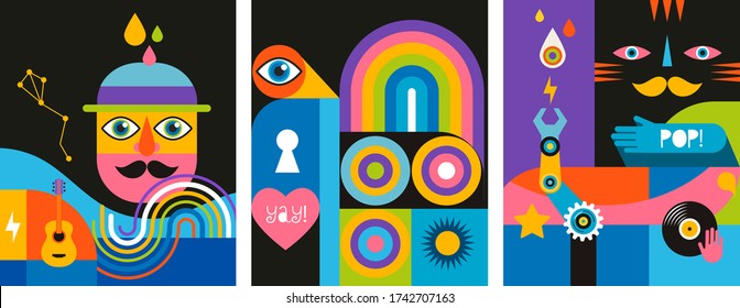 Geometric abstract background, street wall art concept, festival, street fair, carnival event poster, banner design. Vector design and illustration