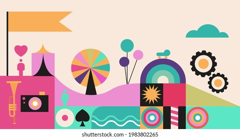 Geometric abstract background, street wall art concept, festival, street fair, carnival event poster, banner design. Vector design and illustration
